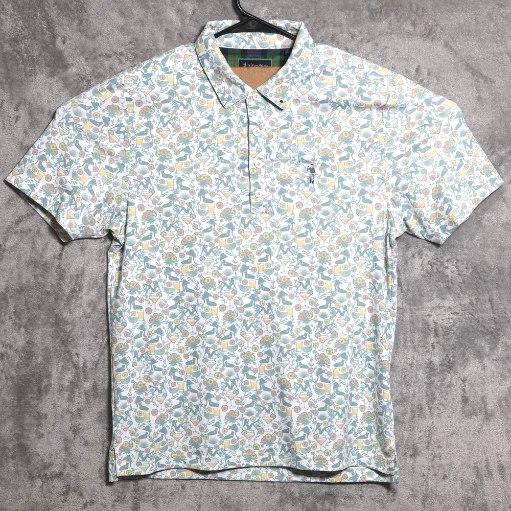 William Murray Polo Shirt Mens Small White Green Cocktail Tropical Golf Stretch